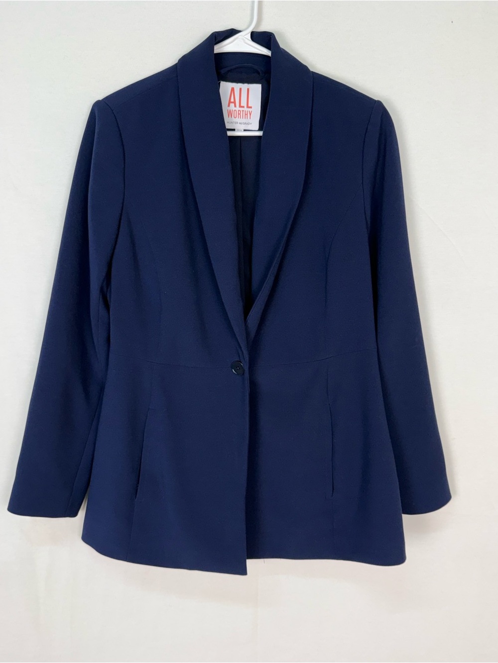 All Worthy by Hunter McGrady Navy Single-Button Shawl Collar Blazer